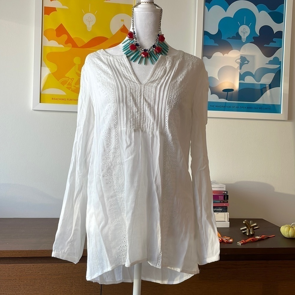 J JILL White Long Sleeve Embroidered BoHo Top